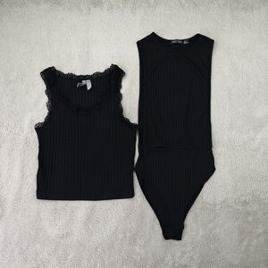 ASOS NastyGal Bundle Women's 0 Black Lace Top Ribbed Bodysuit Y2K Minimalist